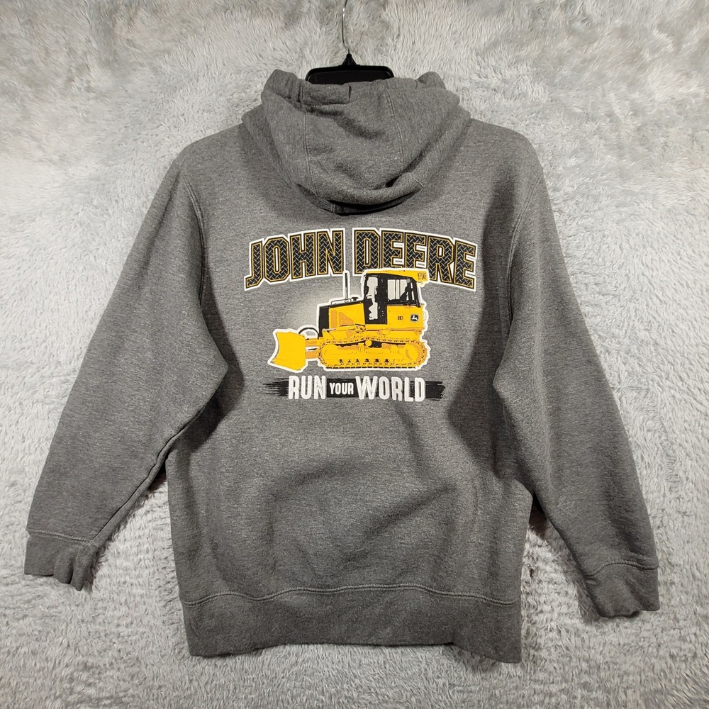 John Deere Hoodie Mens Medium Gray Run Your World Bulldozer Graphic Pullover